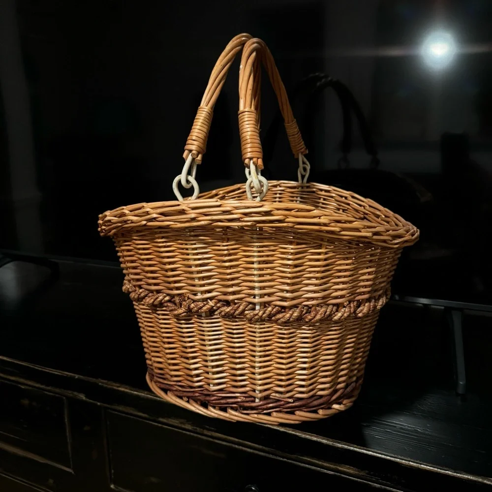 Vintage Hand Woven Oval Gathering Harvest Basket With Handles